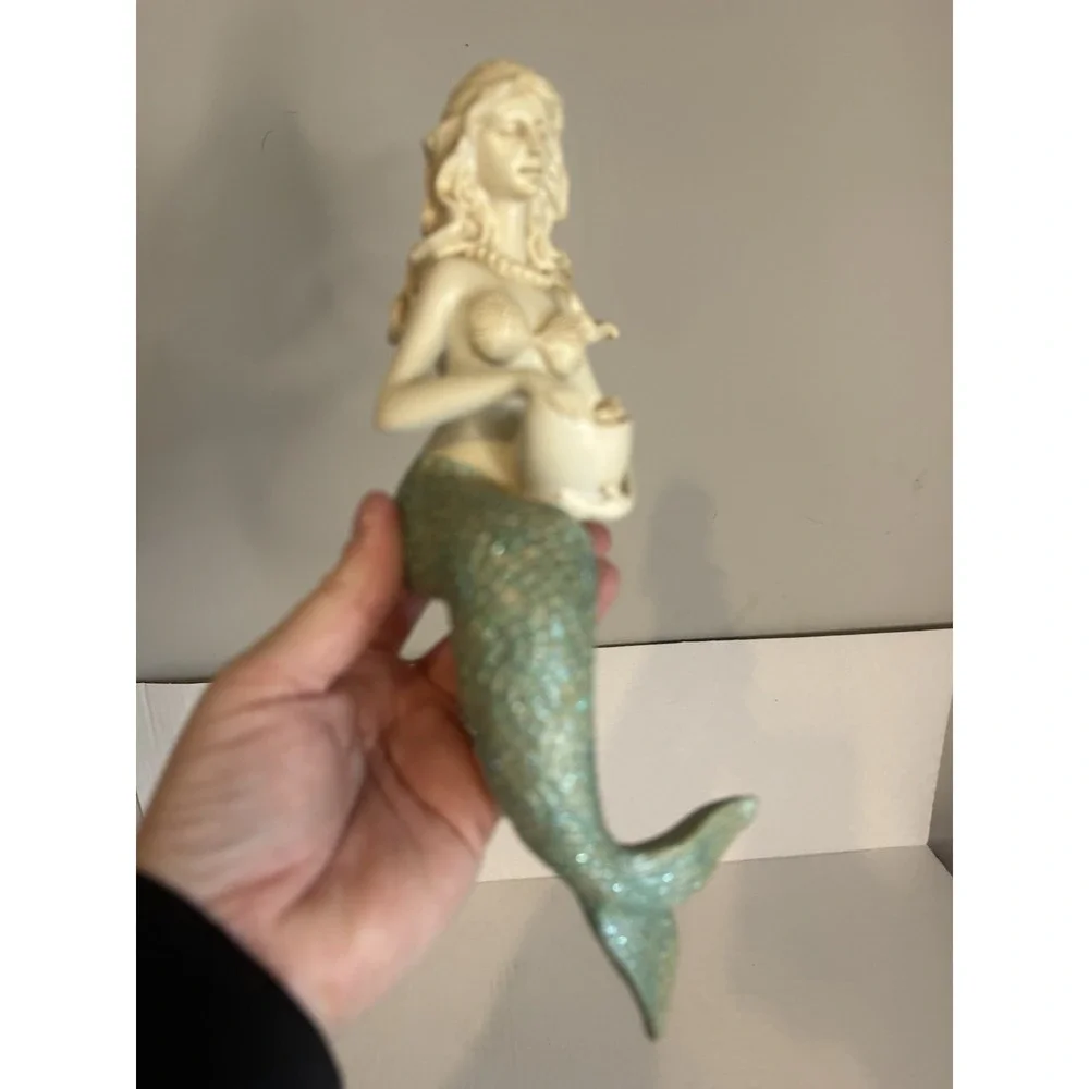 Fantasy Mermaid Collectible Figurine Statue w/ Bowl Seashell Bra Green Tail